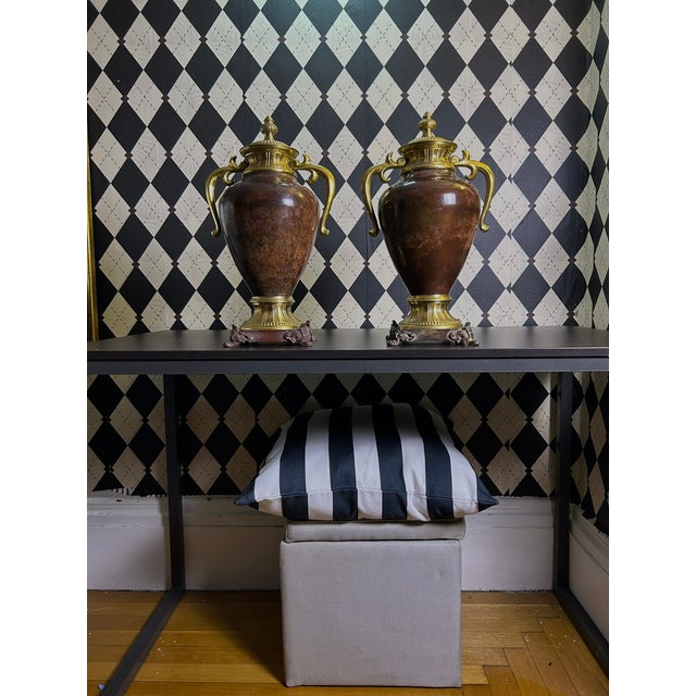 Rustic European 1970s Grand Neoclassical Patinated Metal Urns With Gilt Scroll Handles, Pair, 16" For Sale - Image 3 of 15