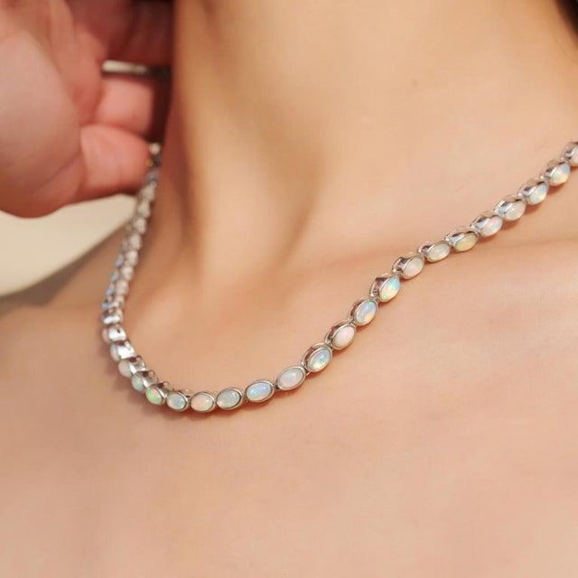 White Handmade Victorian Opal Gemstone Tenniw Necklace in Silver by Caratandher For Sale - Image 8 of 12