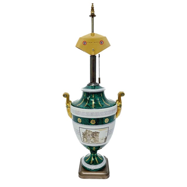 Mediterranean Classical Greek Key Faux Malachite Lamp For Sale - Image 3 of 12