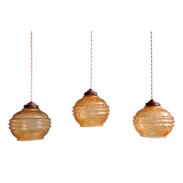 Art Deco Pendant Lights in Amber Cracked Glass, 1920s, Set of 3 For Sale