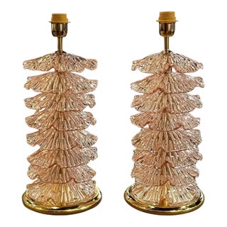 Pair of Modern Pink Murano Glass and Brass Lamps For Sale