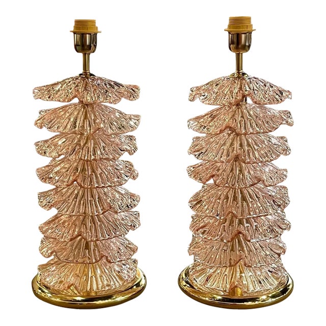 Pair of Modern Pink Murano Glass and Brass Lamps For Sale