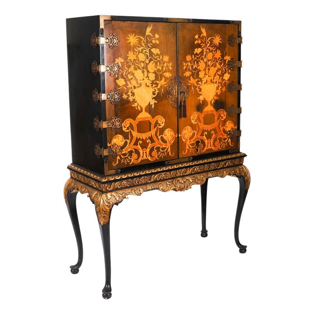 Antique Black Lacquered Marquetry Cocktail Cabinet on Stand, 1930s For Sale