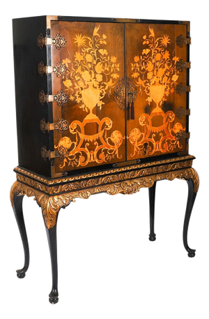 Antique Black Lacquered Marquetry Cocktail Cabinet on Stand, 1930s