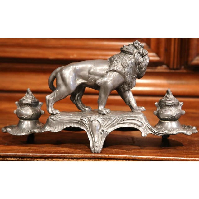 19th Century French Pewter Lion Inkwell Signed A. Bossu For Sale In Dallas - Image 6 of 8