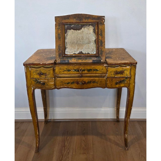 Wood 18th C. Italian Chinoiserie Venetian Louis XV Period Antique Polychrome Painted Dressing Table Console For Sale - Image 7 of 18