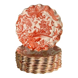 Late 20th Century Royal Crown Derby “Red Aves” Fluted Dessert Plates, 8.75” - Set of 12 For Sale
