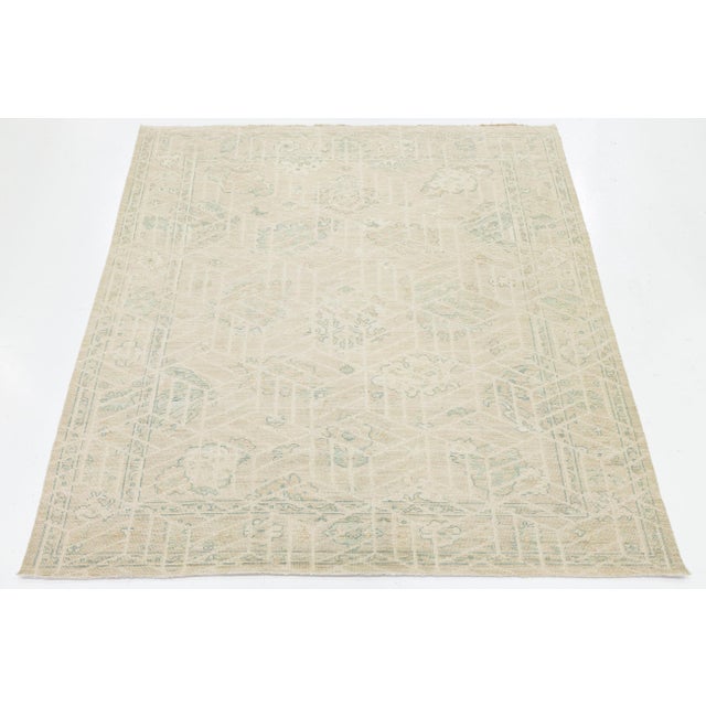 Ivory 9x12 Modern Oushak Style Hand-Knotted Wool Rug – Neutral Ivory & Sage Geometric For Sale - Image 8 of 11