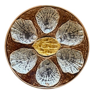 French Faience Oyster Plate, Mottled Brown Glaze, Six-Well For Sale