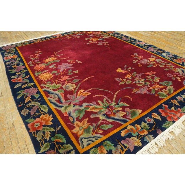1920s Ruby Red Floral Antique Chinese Art Deco Carpet 8'10" X 11'2" Handknotted Pile Wool Rug For Sale - Image 9 of 9
