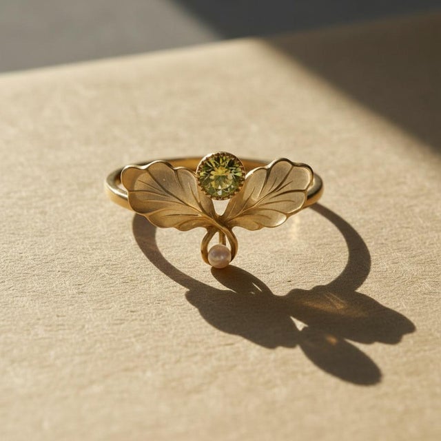Art Nouveau–Inspired Peridot and Pearl Botanical Ring in 14k Gold, Size 7.5 For Sale - Image 4 of 7