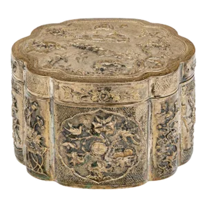 Antique Chinese Silvered Quatrefoil Lidded Tea Caddy