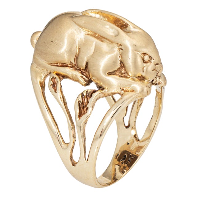 70s Vintage Bunny Rabbit Ring 10k Yellow Gold Heavy 16.2gm Animal Jewelry For Sale
