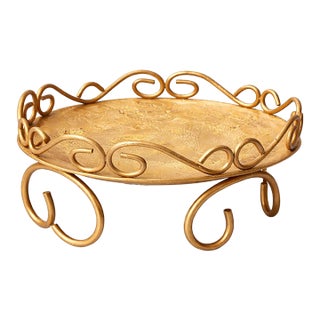 Vintage Hollywood Regency Gold Metal Scroll Catchall Tray / Candle Stand For Sale
