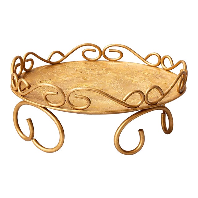 Vintage Hollywood Regency Gold Metal Scroll Catchall Tray / Candle Stand For Sale