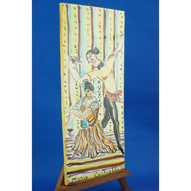 Large rectangular vitrified majolica tile, decorated with two Spanish women dancing flamenco, entirely hand-decorated,...