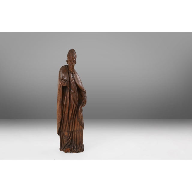 French Artist, Antique Statue of Saint Eligius, 1500s, Wood For Sale - Image 9 of 18