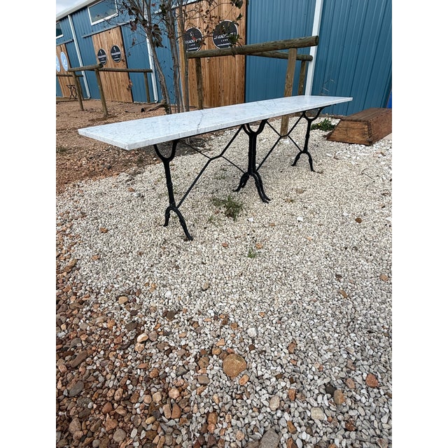 1940s Long Vintage French Art Deco Double Base Cast Iron Carrara Marble Top Bistro Table or Dining Table For Sale - Image 9 of 12