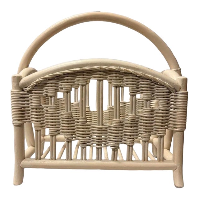 Vintage Boho Whitewashed Rattan & Wicker Magazine Rack With Arched Handle For Sale