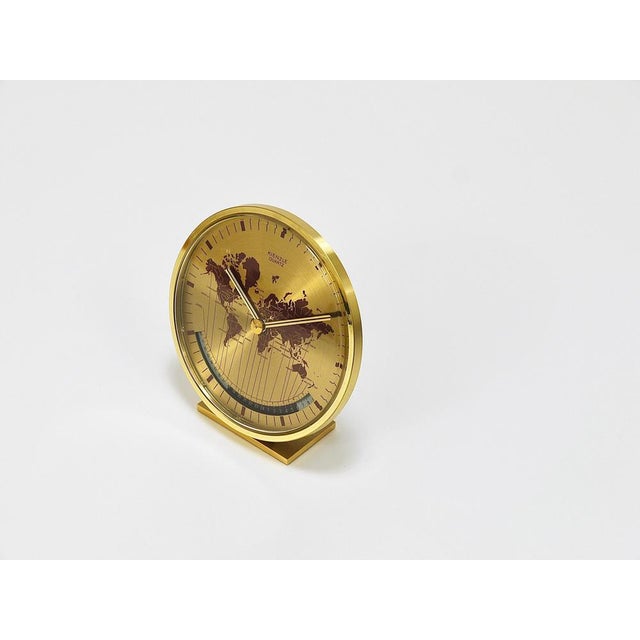 Mid-Century GMT World Time Zone Brass Table Clock, Germany attributed to Wilhelm Kienzle, 1960s For Sale - Image 12 of 17