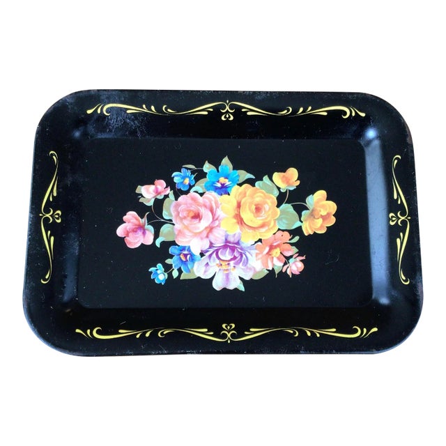 Antique American Painted Decorated Tole Tray in Black and Gold For Sale