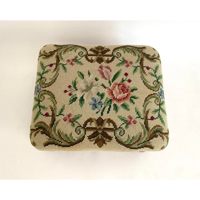 1970s English Needlepoint and Mahogany Foot Stool For Sale - Image 5 of 9