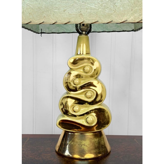 Mid-Century Atomic Green & Gold Ribbon Candy Table Lamp W/ Fiberglass Shade For Sale - Image 12 of 13