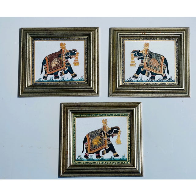 Set of 3 vintage British Colonial elephant silkscreens frames .