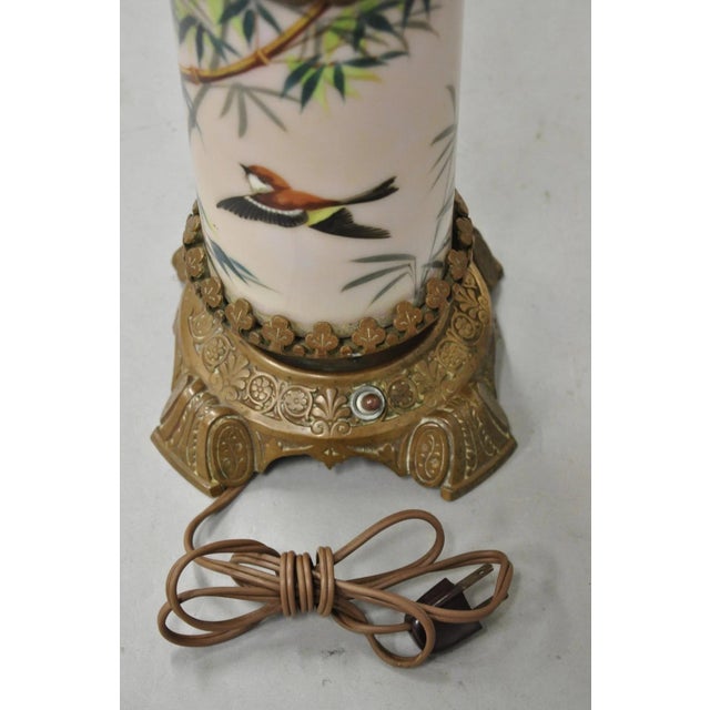 Art Nouveau Converted Oil Lamp Glass Cylinder Bird Painted Bronze Table Lamp For Sale - Image 10 of 14