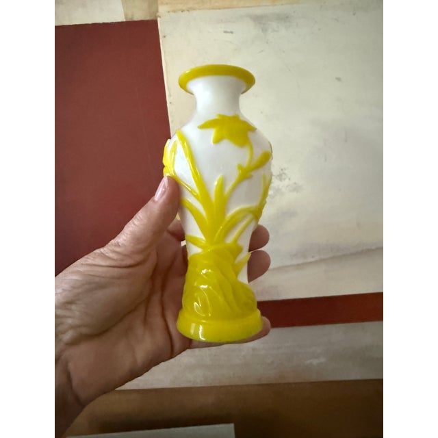 Pair of Mid-Century Peking Glass Vases With Carved Yellow Floral and Butterfly Motif | Chinese Overlay Glass on Wood Stands For Sale - Image 9 of 10