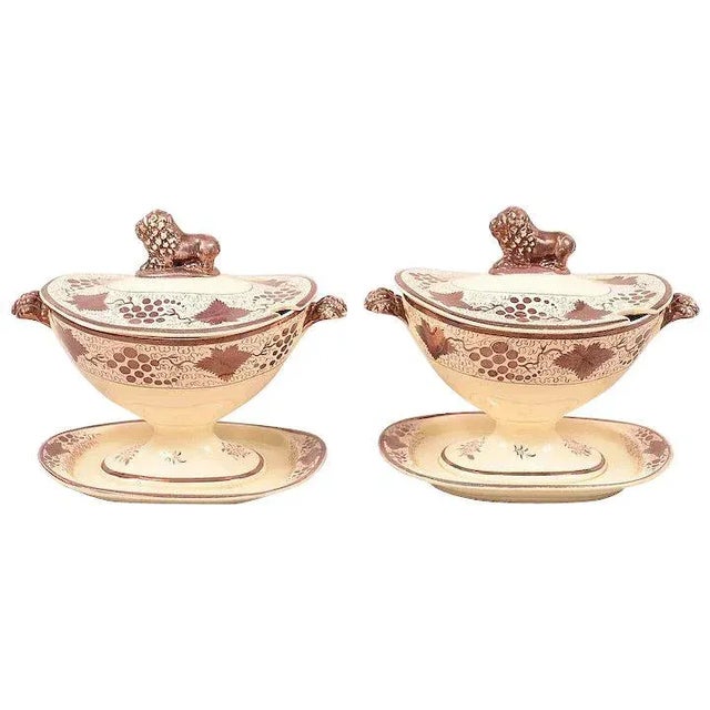 Thomas Lakin Creamware Urn Form Pink Luster Sauce Tureens with Lion Finials 19th Century - a Pair For Sale In New York - Image 6 of 6