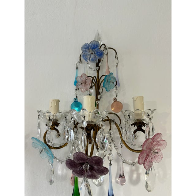 Italian Multi Color Murano Glass Flowers 3 Tiers With Spear Sconces Crystal 1930 For Sale - Image 6 of 12