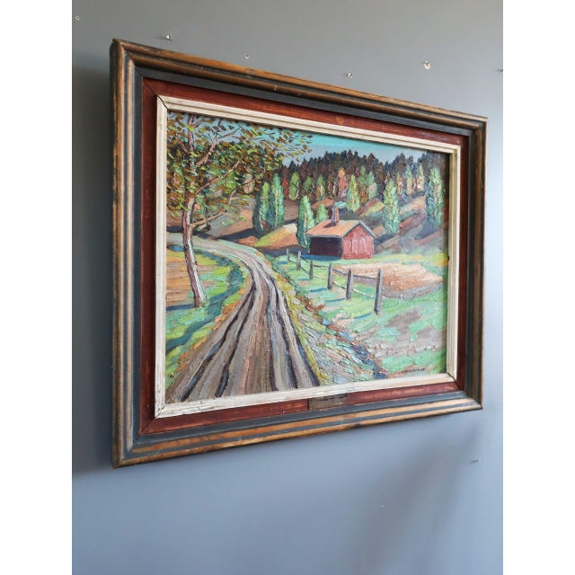 1939 Mid-Century Modern 'The Red Cabin' Vintage Original Expressive Landscape Oil Painting, Framed For Sale - Image 4 of 11