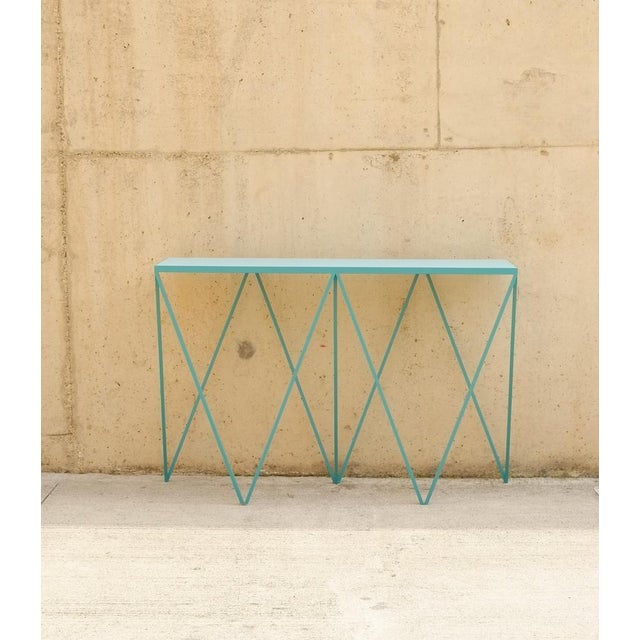 Giraffe Console Table with Natural Linoleum Top in Turquoise by &New For Sale - Image 11 of 11