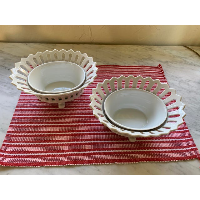 Shabby Chic Vintage French Style Footed Porcelain Reticulated Flower Bowls a Pair For Sale - Image 3 of 8