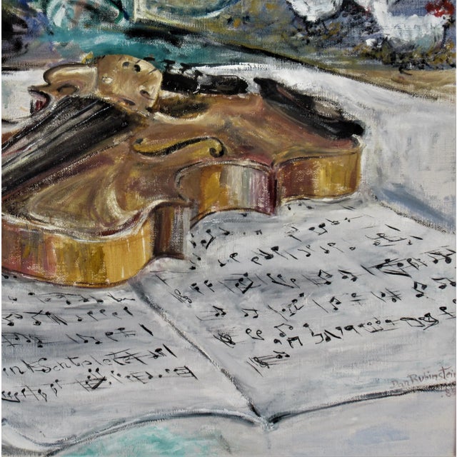 1980s Dan Rubinstein, Flowers in a Vase and Violin, 1989 For Sale - Image 5 of 8