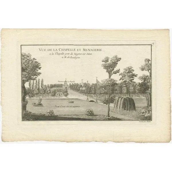 Antique print titled 'Vue de la Chapelle et Menagerie'. Copper engraving showing a chapel and menagerie. This print...