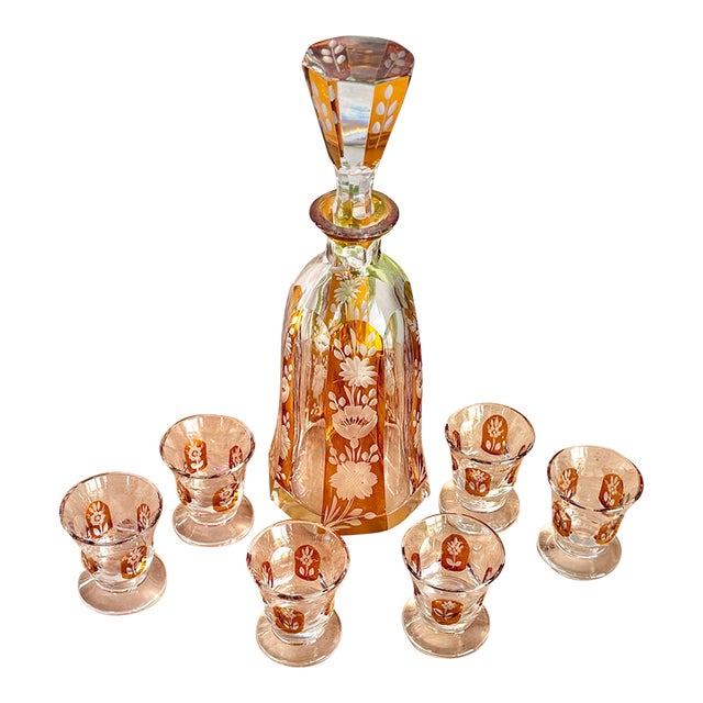 Vintage Art Deco Amber Cut Floral Etched Crystal Decanter Set With 6 Glasses - 7 pcs For Sale