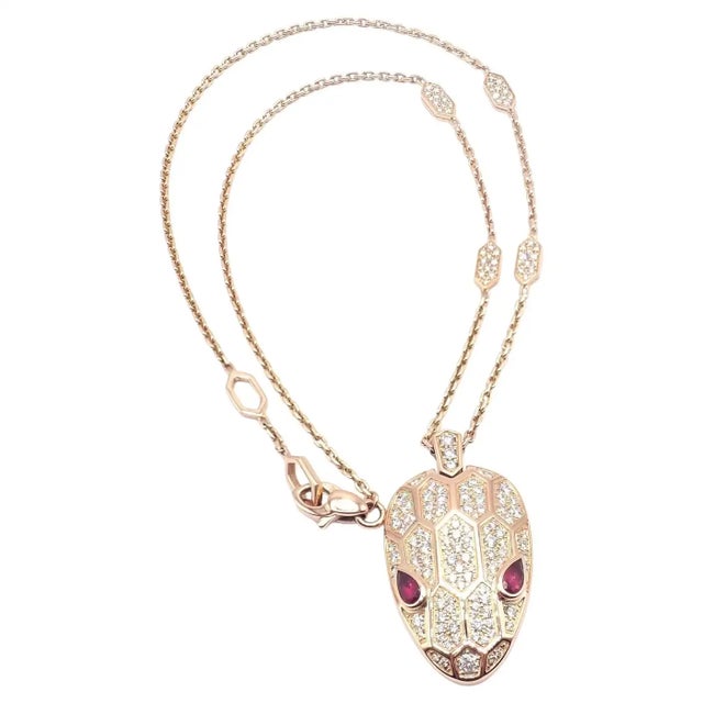 Contemporary Bulgari Serpenti Pave Diamond Rubellite Rose Gold Large Pendant Necklace For Sale - Image 3 of 13