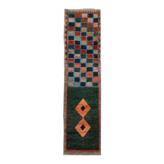 Modern Gabbeh Handmade Green Geometric Wool Runner For Sale
