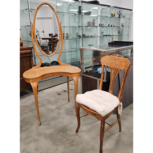 Wood Edwardian Birdseye Maple Mirrored Vanity With Side Chair - Set of 2 For Sale - Image 7 of 15