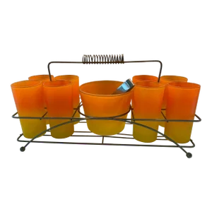 1950s Mid Century Blendo Ice Bucket, Tongs and 8 Gasses With Metal Tote - Set of 11