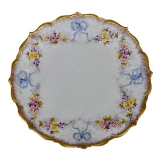 Antique Limoges French Porcelain Plate Floral Garlands Blue Bows Ribbons Gilt For Sale