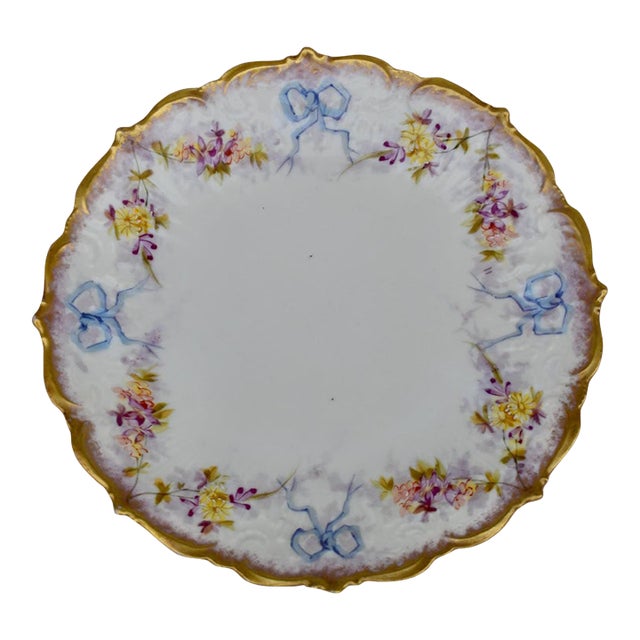 Antique Limoges French Porcelain Plate Floral Garlands Blue Bows Ribbons Gilt For Sale