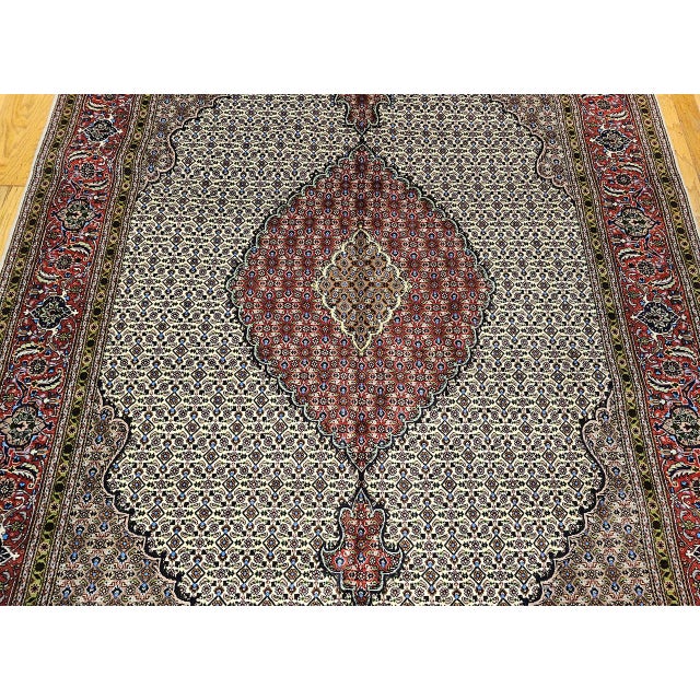 Antique Persian Tabriz Mahi Rug, Hand-Knotted Wool & Silk, Herati Geometric Pattern, Ivory & Red, 7x10 For Sale - Image 11 of 17