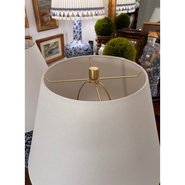 Contemporary Blue and White Ikat Pattern Ralph Lauren Over-Sized Jar Lamps With White Linen Shades, a Pair For Sale - Image 6 of 8