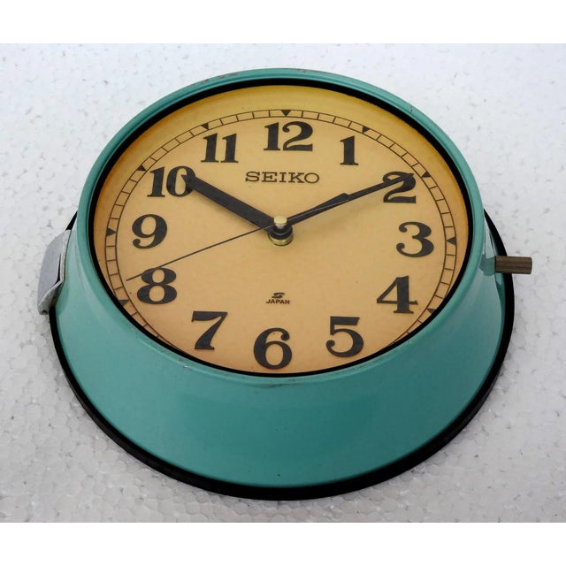 Nautical Turquoise Nuatical Vintage Ship's Wall Clock - Seiko Made in Japan For Sale - Image 3 of 7