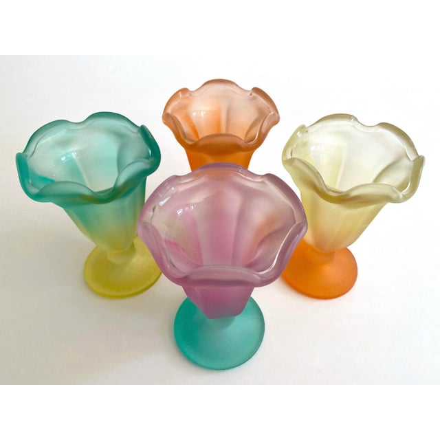 Vintage Mid Century Modern Frosted Glass Multicolor Pastel Parfait Tulip Dessert Cups - Set of 4 For Sale In Kansas City - Image 6 of 13