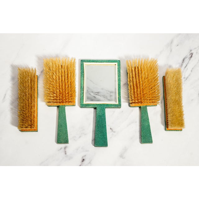Art Deco Antique Shagreen Dresser Set 5-Piece Vanity Grooming Brush Set For Sale - Image 9 of 18