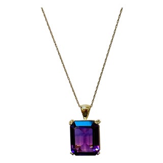 14 Ct Emerald Cut Amethyst Pendant/Neck 18Kt Gold + 14 Kt Yellow Gold Chain For Sale